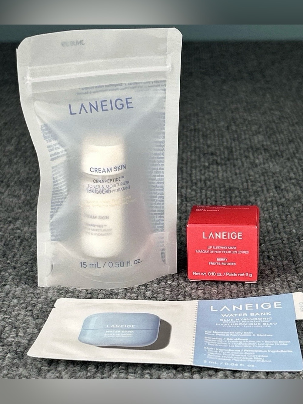 Laneige Lot of 3 Travel Sample Water Bank Cream Skin Moisturizer Berry Lip Mask